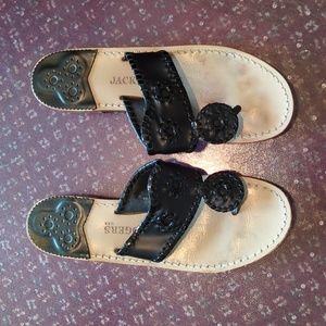 Jack Rogers Black Leather with Patent Trim Sandals, Size 8 1/2